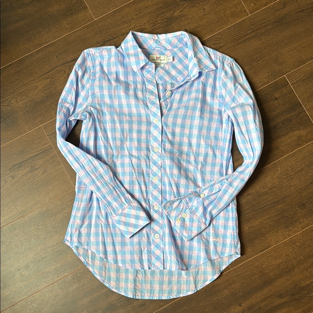 Blue and Pink Checkered Button-Up Shirt